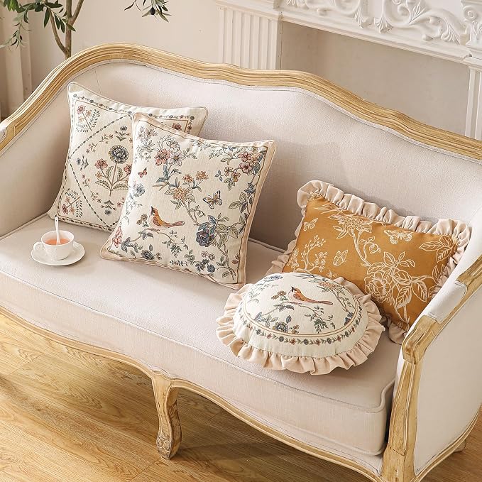 Designer Linen Throw Pillow Cover,Set of 2,18"x18"-Cornucopia A | Elegant French Square Pillow Cover,Concealed Zipper,Floral and Bird Pattern,Sofas,Bedroom,Living Room,Lounge Chairs