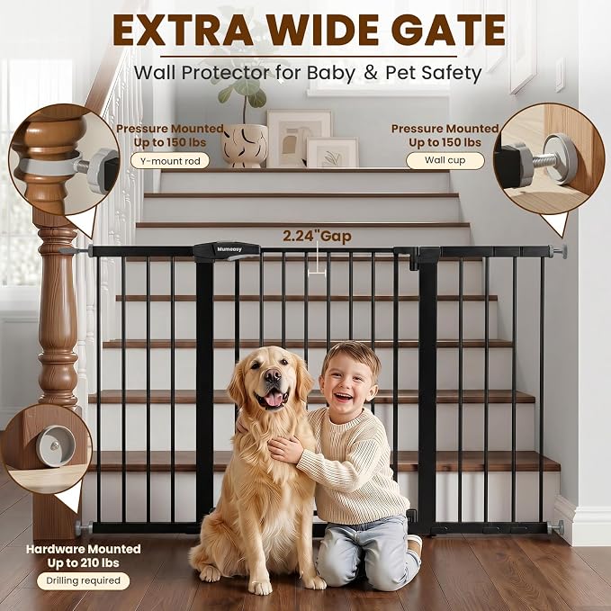 Mumeasy 29.7-54.2" Baby Gate for Stairs, Pressure Mounted Dog Gate for Doorways, Extra Wide Walk Thru Safety Pet Gate for Doors with Auto Close, Easy Install Child Gate for Hallway Indoor House, Black