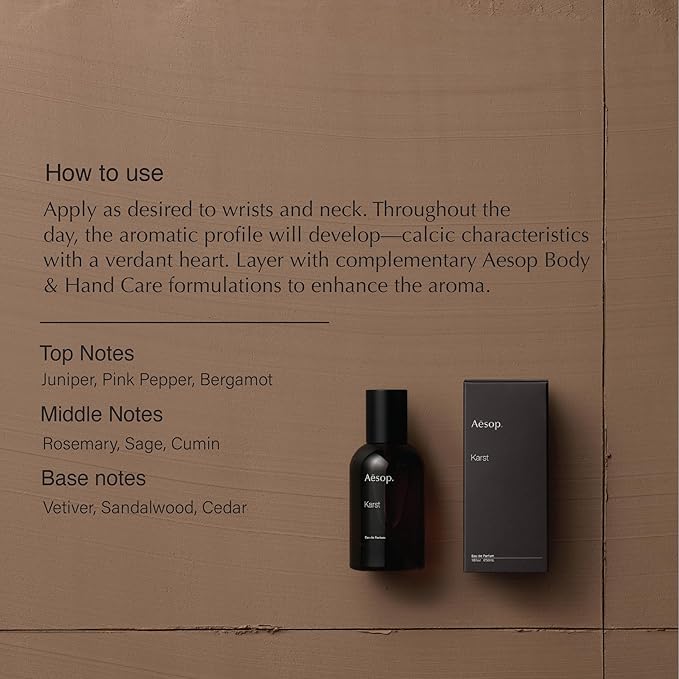 Aesop Karst Eau de Parfum | Juniper, Vetiver, and Sandalwood Scent | Fresh, Herbaceous, and Marine Aroma | Unisex | 1.6 fl oz