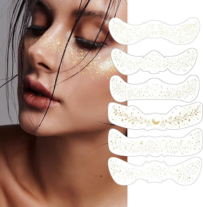 6Pcs Makeup Patches - Gold - Glitter Face Paint Speckles，Sweatproof Waterproof Gold Glitter Face Freckles，Singer Concerts Festival Rave Accessories， Fake Freckles for Women.