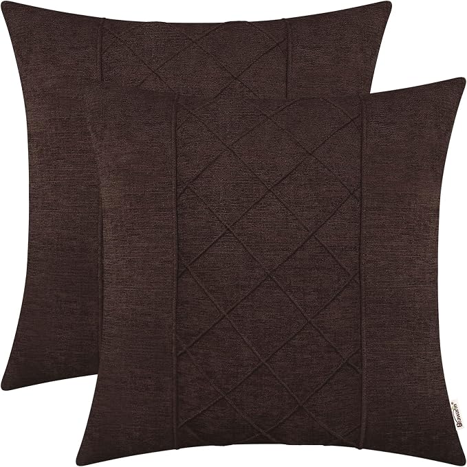 BRAWARM Chenille Throw Pillow Covers 22x22 Inches, Coffee, 2 Pack | Decorative Pleated Pillow Covers, Soft Cushion Cases for Sofa Bed Living Room Home Farmhouse (No Insert)