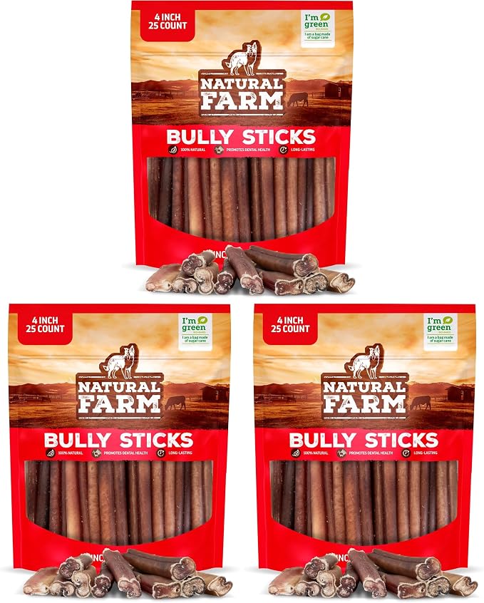 Natural Farm Odor Free Bully Sticks (4 Inch, 75 Pack) for Small & Medium Dogs - 100% Beef Chews for Pups, Non-GMO, Grain-Free, Fully Digestible Long Lasting Dog Treats