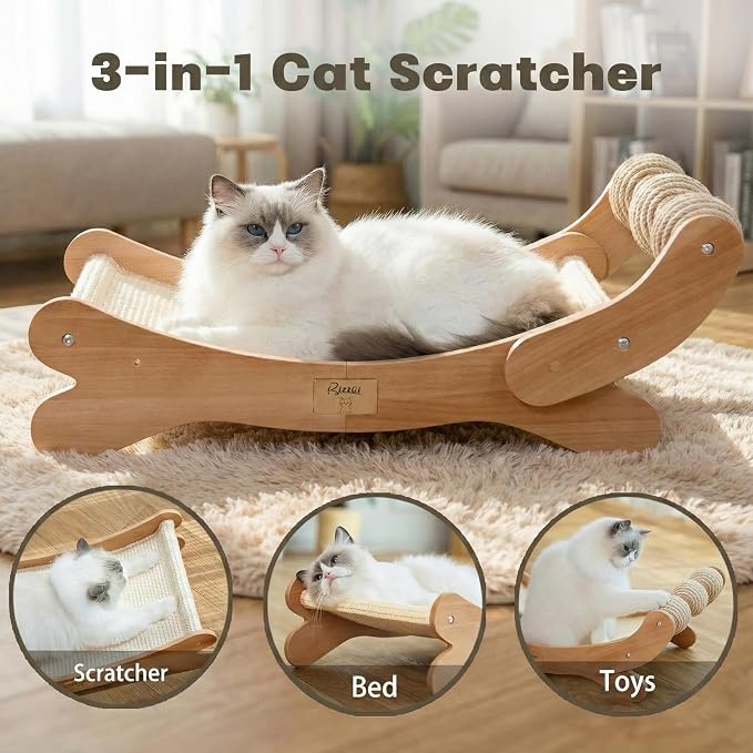 Sisal Cat Scratcher Bed with 3 Ball, Hammock Lounge Indoor Cats | Scratch Pad & Furniture Protector, Modern Wood 3-In-1 Multi-Use for Scratching, Resting & Playing Large Cats Space-Saving