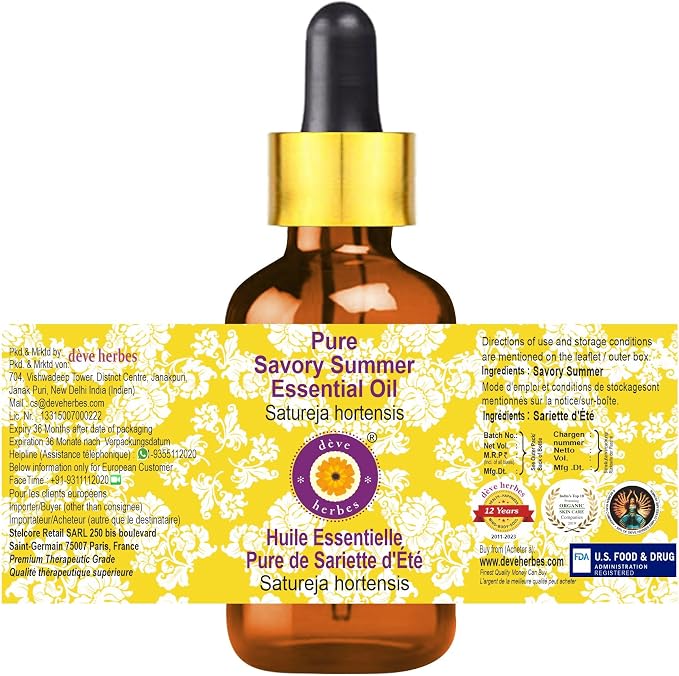 dève herbes Savory Summer Essential Oil (Satureja hortensis) with Glass Dropper | Pure | Non-Sticky | Non-Greasy | Lightweight | Men & Women | All Skin Types | Steam Distilled 15ml (0.5 oz)