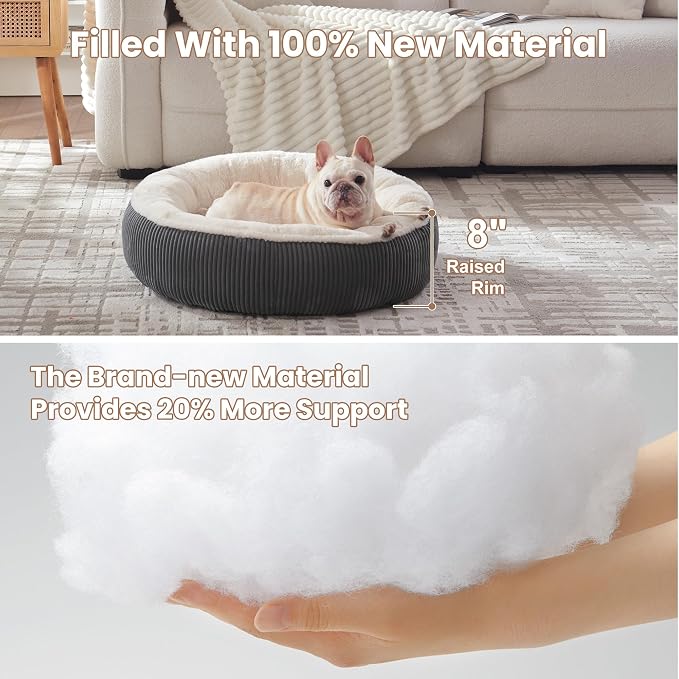 30 inches Calming Donut Dog Bed for Medium Dogs,Dark Grey | Round Pet Bed with Removable&Washable Cover,Plush Faux Fur & Corduroy, Fits Pets up to 30 lbs