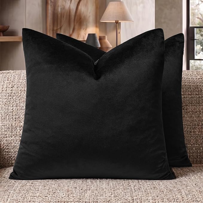 GIGIZAZA Black Velvet Pillow Covers 26x26 Decorative Pillows Pack of 2 | Throw Pillows for Couch,Euro Sham,280gsm Soft Textured Fabric,Modern Pillowcases,Luxury Cushion Covers