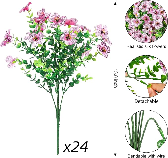 24 Pcs Artificial Flowers for Outdoors Decorations, Pink | Lifelike silk flowers, UV resistant, faux plastic plants, for garden porch window table vase home indoor outdoor decor