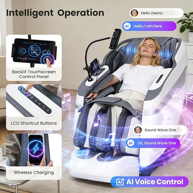 4D Music Rhythm Massage Chair Full Body Recliner, 2025 Unique Sonic Resonance Zero Gravity SL-Track Shiatsu with Knee Heating Blanket AI Voice Bluetooth Foot Roller Body Scan Airbags G9 White