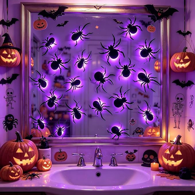 DR.DUDU 36 Pack Halloween Wall Decor Light up Spiders, Purple | 3D Spider Stickers, Removable Wall Decals, Assorted Sizes, PVC, Window Decorations, For Indoor Outdoor Bathroom Home Party