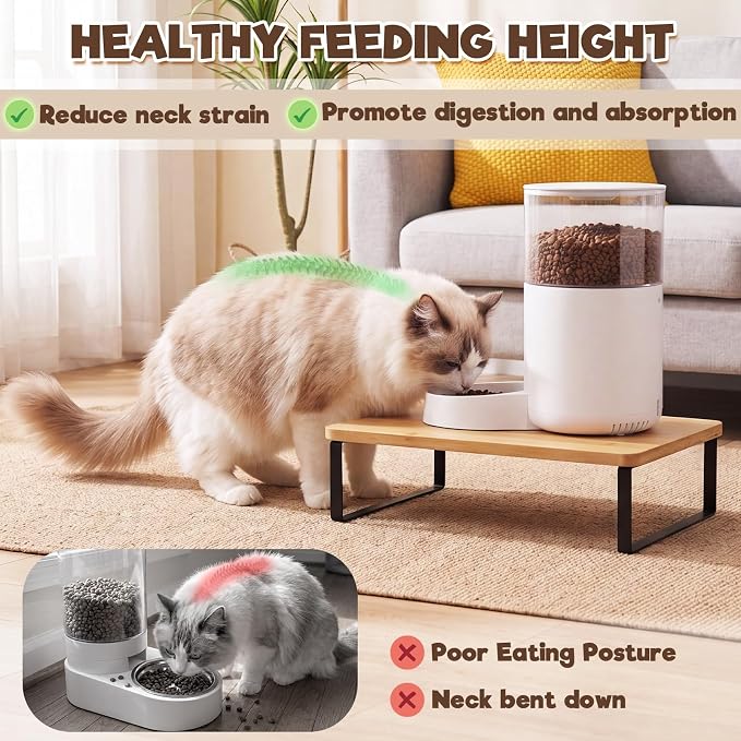 Bamboo Wood Cat Food Stand for Automatic Cat Feeder and Bowls | Non-Slip Metal Frame Elevated Cat Bowls Stand 15.7'' x 9.1'' Tabletop Fit Most Automatic Feeders, Raises Feeder/Bowl by 3.5''