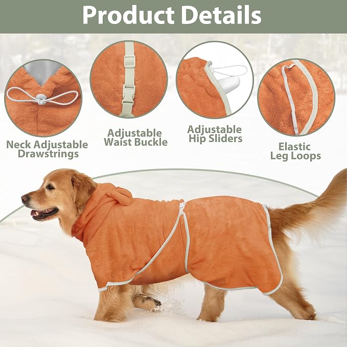 Dog Bathrobe Super Absorbent Towel Robe - Microfiber Bath Towels Fast Drying Coat for Dogs, Cute Dogs Clothes Adjustable Collar & Belly Strap Warm Keeping Hooded Dog Towel (Orange, Medium)