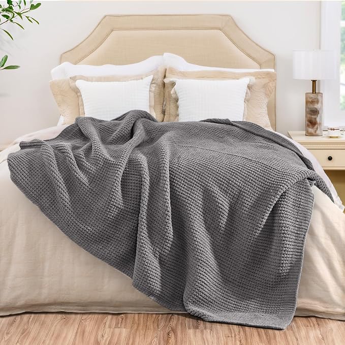Waffle Knit Throw Blanket for Couch, Soft Cozy Chunky Knit Thick Knitted Blanket for Sofa, Bed, Gift for Women Girls Home Decor (Grey, Throw 50"x60")