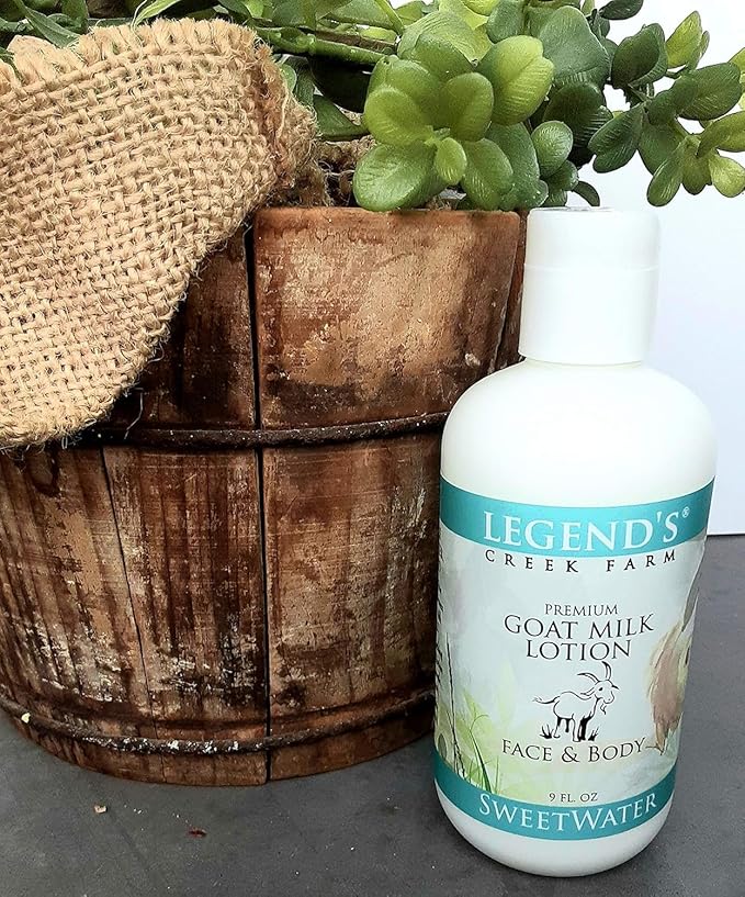 Legend's Creek Farm Goat Milk Lotion - Moisturizing Goat Milk Body Lotion for Body, Hand & Face - 9 oz Body Moisturizer with Shea Butter, Sunflower Oil, Aloe, Handmade in USA (2-pack, Sweetwater)