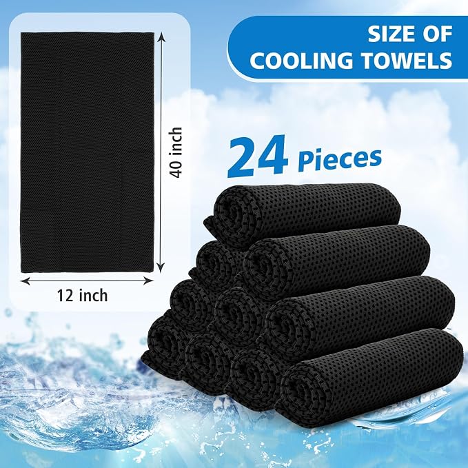 24 Pack Cooling Towels Bulk for Neck and Face 40"x12" Ice Cooling Sweat Rags Microfiber Soft Breathable Soft Chilly Towel for Yoga Golf Sport Running