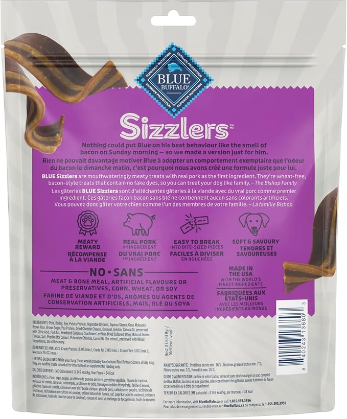 Blue Buffalo Sizzlers Natural Soft Dog Treats, Bacon-Style Soft-Moist Dog Treats with Real USA Pork, Original Flavor, 6-oz Bag, (Pack of 2)
