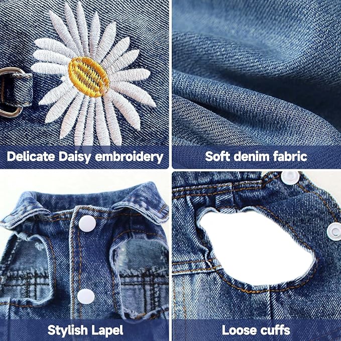 Dog Jean Jacket,Blue Denim Vest for Small Pet,Cute Clothes with D-Ring | Soft Washed Cotton Denim Costume,Cool Apparel Dress Shirt for Puppy,Classic Daisy Coat Outfit for Small Dogs Cats Boy Girl