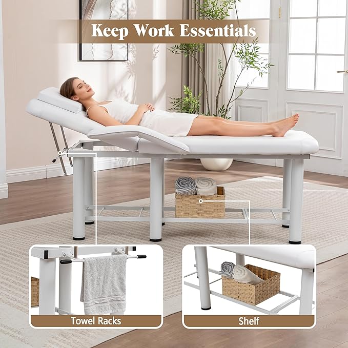 Professional Massage Bed with Armrests Stationary Adjustable Massage Table Spa Bed 73" x27” Physical Therapy Table with Memory Foam Salon Bed w/Removable Headrest White