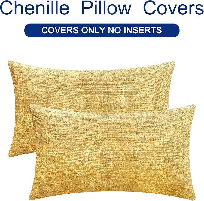 CaliTime Decorative Couch Throw Pillow Covers 20 X 12 Inches Gold | Pack of 2, Cozy Chenille Cushion Cases for Sofa Bed Living Room Farmhouse Home