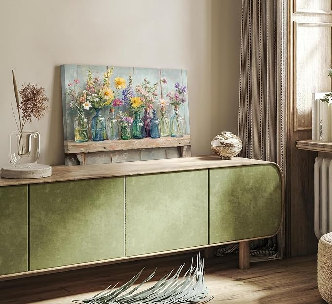 Farmhouse Flower Canvas Wall Art Wildflowers Bottles Wall Decor Rustic Plants Flowers Poster Print Artwork for Bathroom Living Room Bedroom Study Room Home Decoration