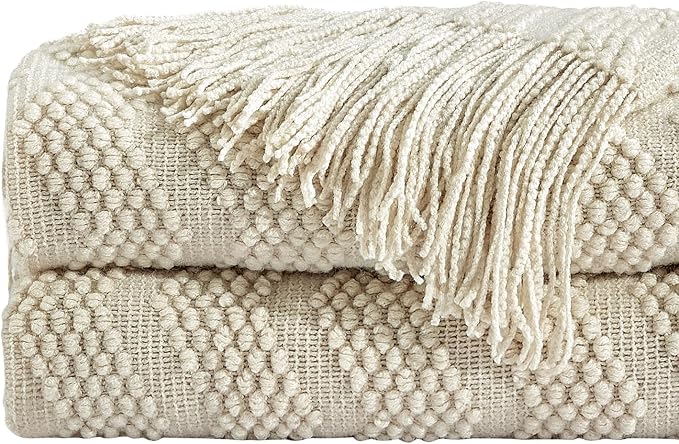 BOURINA Beige Throw Blanket 50x60 Inch Soft Ripple Throw Knitted Blanket | Soft Ripple Throw Textured Solid Soft Throws and Blankets for Sofa or Bed Knitted Decorative Blanket