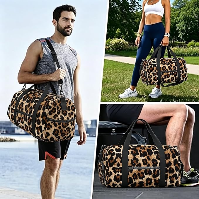 Fiokroo Sports Gym Bag Leopard Animal Skin Travel Duffel Bag For Men Women With Shoe Compartment Water Resistant Gym Bag Carry On Duffel Bag For Weekend Traveling Yoga Gym Sports