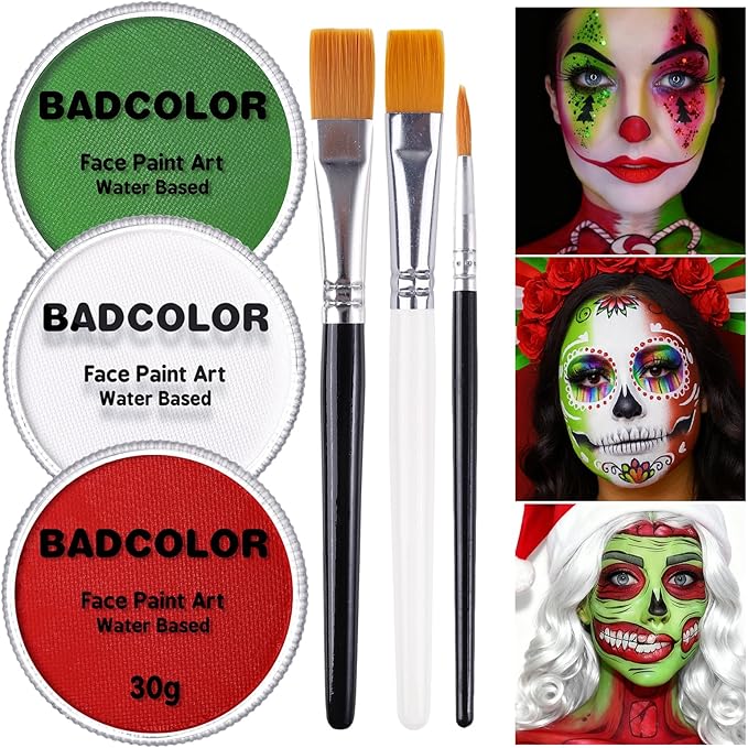 Green White Red Face Body Paint Set, Mexico Flag Face Painting Kit with Painting Brushes for Halloween, Water Based Face Paints for Xmas Elf, Grinch, Orcs, Day of the Dead Skull & Monster SFX Make-Up