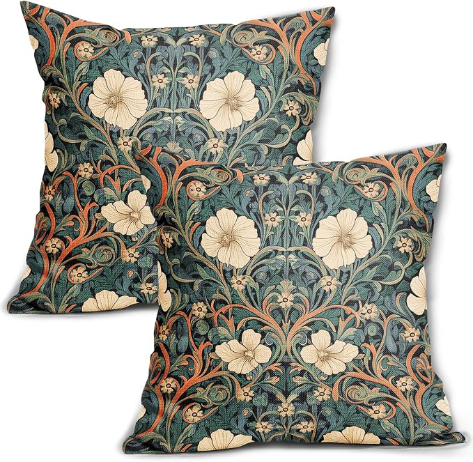 Vintage Floral Lumbar Pillow Covers 24x24 Inch Orange Whtie Green Toile Flowers Pillow Cases Chinoiserie Aesthetic Tapestry Linen Cushion Case Farmhouse Home Decor for Sofa Couch Porch Outdoor Set 2