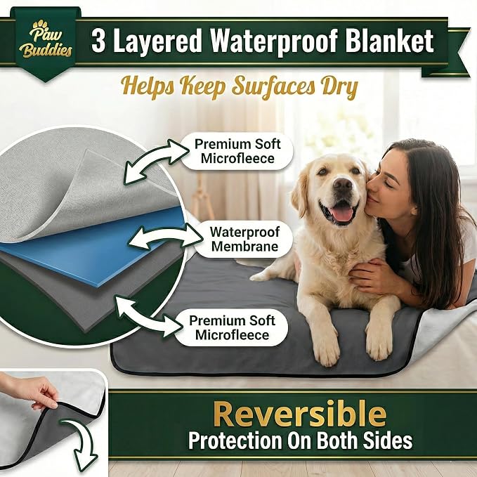 Paw Buddies Waterproof Blanket King Size 80"x90" for Dogs, Pets, Bed & Couch, Reversible Velvet-Feel Throw, Leakproof Machine Washable Furniture Protector + Bonus Small Blanket