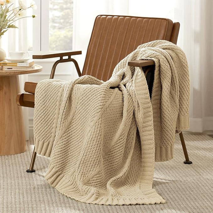 Knit Throw Blanket, Soft Chenille Cozy Breathable Chevron Chunky Decorative Blanket for Couch, Bed & Sofa, French-Inspired Lightweight Warm Gift for Women, Beige, 60"x80"