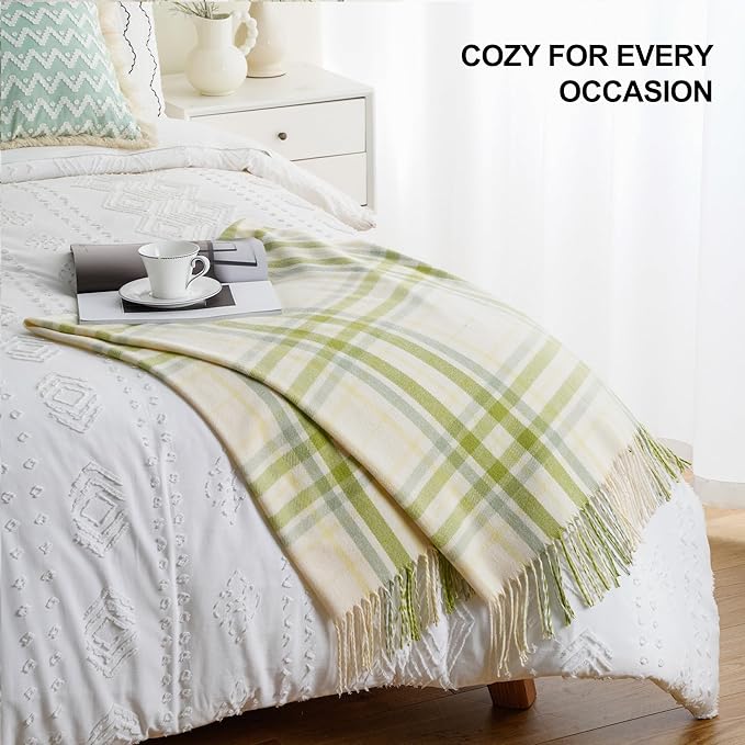 Spring Summer Plaid Throw Blanket for Couch Bed,White Green Stripe Blanket | 50"x60", Farmhouse Throw Blanket, Buffalo Checkered Design, Lightweight Soft Plaid Blankets and Throws for Home Decor