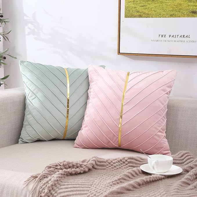 Velvet Throw Pillow Covers 18x18 Pack of 2 Gold Decor Blush Pink | Soft Solid Pillow Covers,Modern Luxury Home Decor,Valentine's Day Decor,Hidden Zipper,Ideal Gift,Easy Care
