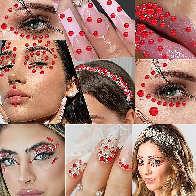 3555pcs Self Adhesive Face Gems for Makeup, Festival Jewels, Hair Gems, Rhinestone Stickers for Face, Eye, Makeup, Nail, Body, Crafts 5sheets (red-3/4/5/6/8mm)