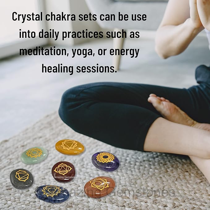 Amazing Gemstone 7 Chakra Oval Set Reiki Healing Crystal with Engraved Chakra Symbols - Chakra Balancing Polished Palm Stones Set with Velvet Pouch