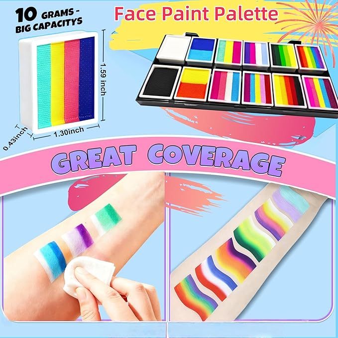 Face Painting Kit for Kids & Adults - 12x10g Non-Toxic Hypoallergenic Split Cake Face Paint Palette ,Water Activated Rainbow Face Paint with Stencils | Halloween, Christmas, Party Makeup
