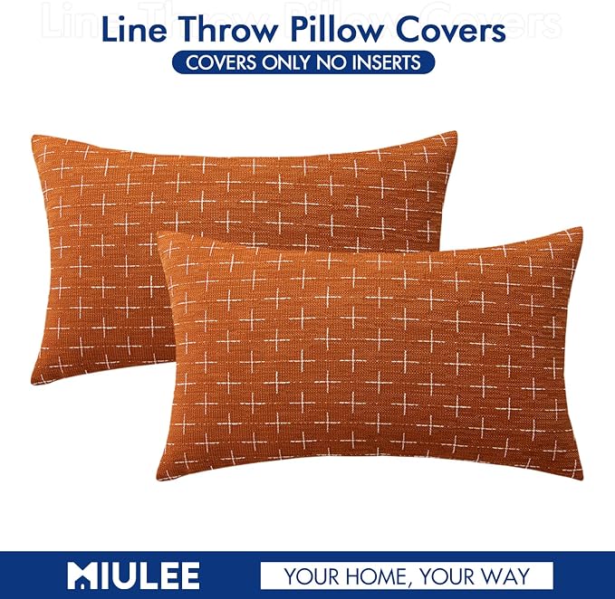 MIULEE Pack of 2 Decorative Burlap Linen Throw Pillow Covers Modern Farmhouse Pillowcase Rustic Woven Textured Cushion Cover for Sofa Couch Bed 12x20 Inch Rust