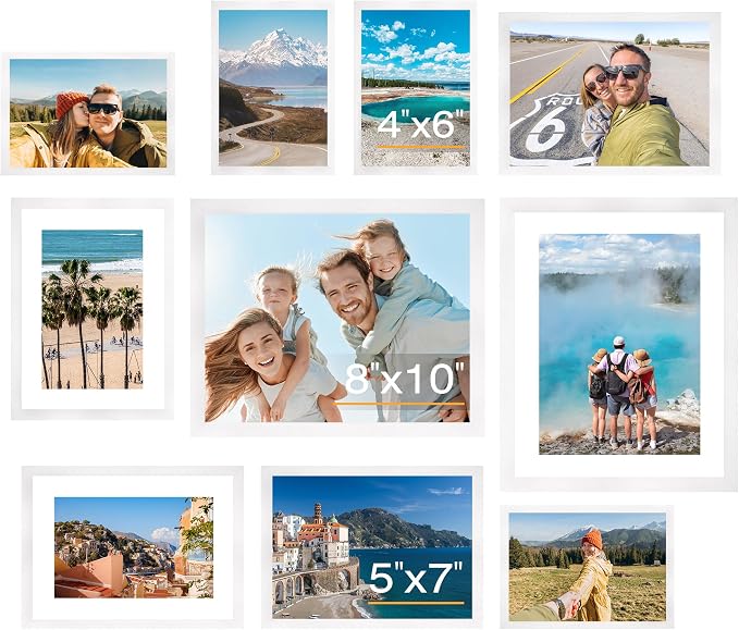 10 Pack Picture Frames Collage Wall Decor for Mounting or Tabletop Display, Gallery Wall Frame Set with Two 8x10 White Frames, Four 5x7 Frames and Four 4x6 Frames, Multi-Pack Photo Frame Set