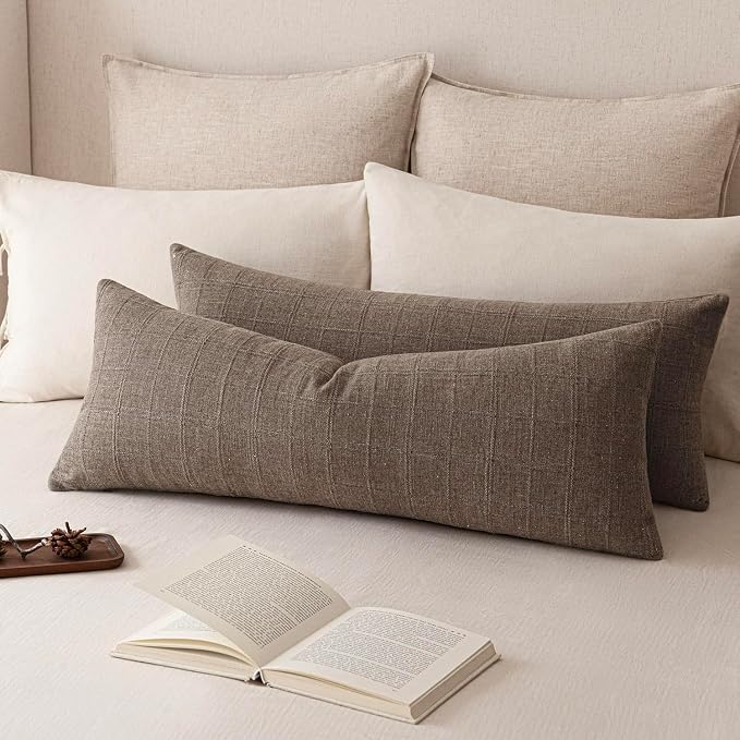 Foindtower Set of 2 Decorative Linen Check Throw Pillow Covers Neutral Farmhouse Vintage Cushion Covers Cozy Modern Boho Home Decor for Sofa Chair Couch Bedroom Living Room,14×36 Inch,Taupe Grey