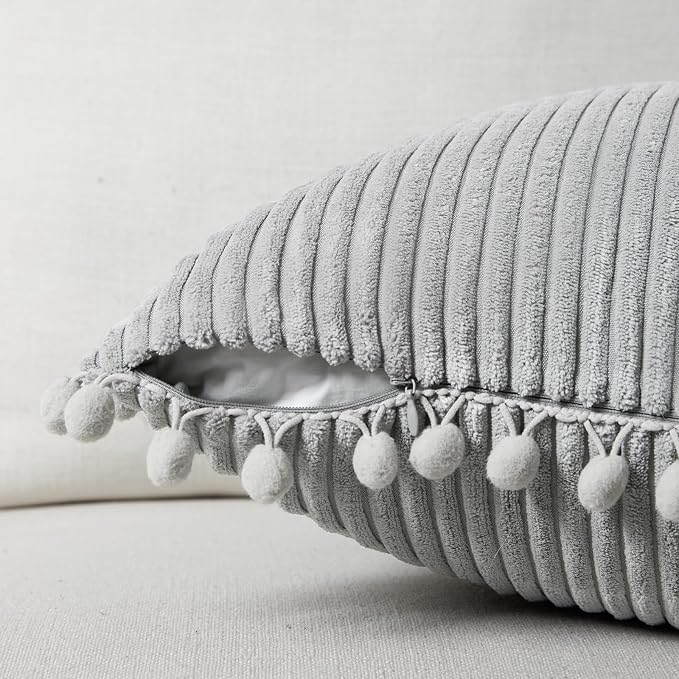 Fancy Homi 2 Packs Neutral Grey Decorative Throw Pillow Covers 16x16 Inch with Pom-poms for Couch Bed Sofa, Aesthetic Modern Organic Farmhouse Boho Home Decor, Soft Corduroy Cute Accent Cushion Case