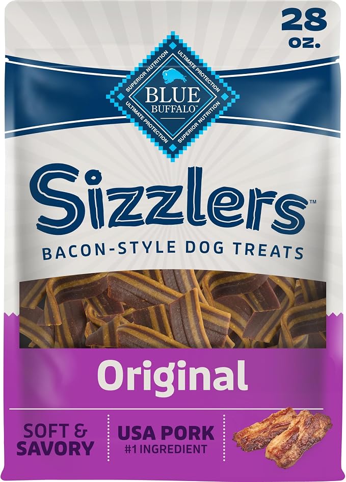 Blue Buffalo Sizzlers Pork Bacon-Style Dog Treats, 28 oz | Real USA Pork First, Soft & Chewy Texture, Tear for Portion Control, No Red 40, BHA, Corn, Wheat, or Soy