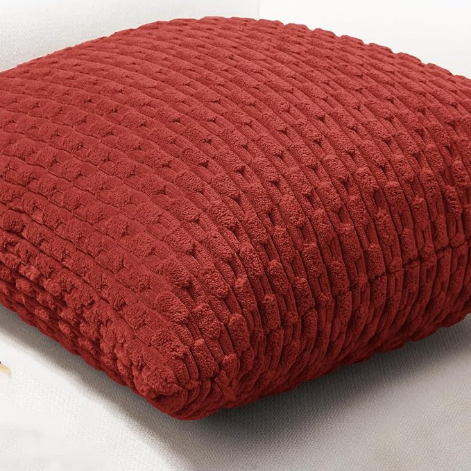 Softalker Corduroy Decorative Throw Pillow Covers 18x18, Set of 2, Red | Soft Boho Striped Pillow Cases, Couch Fluffy Cushion Covers for Farmhouse Home Decor Bed Living Room