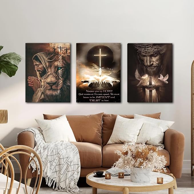 Fantasy Artists 3Pcs Jesus Wall Art, Christian Wall Decor for Biblical Room, Unframed Canvas Painting Prints, Religious Art Posters for Church Living Room Bathroom, 16" X 24"