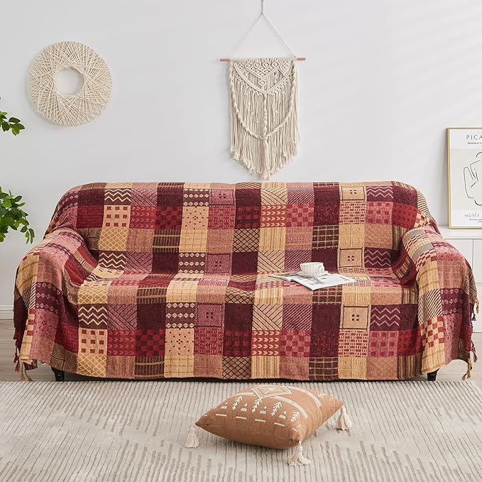 Boho Throw Blanket,Patchwork Large Blankets for Sofa Double Bed Armchair Couch,Weighted Soft Furniture Throws,Tassels Chenille Throws and Blankets for Bohemian Decor (60"*75")…