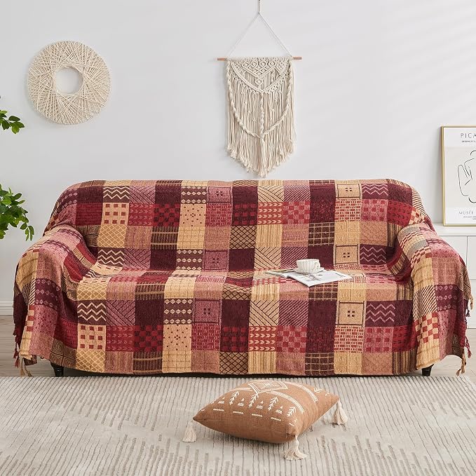 Boho Throw Blanket,Patchwork Large Blankets for Sofa Double Bed Armchair Couch,Weighted Soft Furniture Throws,Tassels Chenille Throws and Blankets for Bohemian Decor (86"*102")…