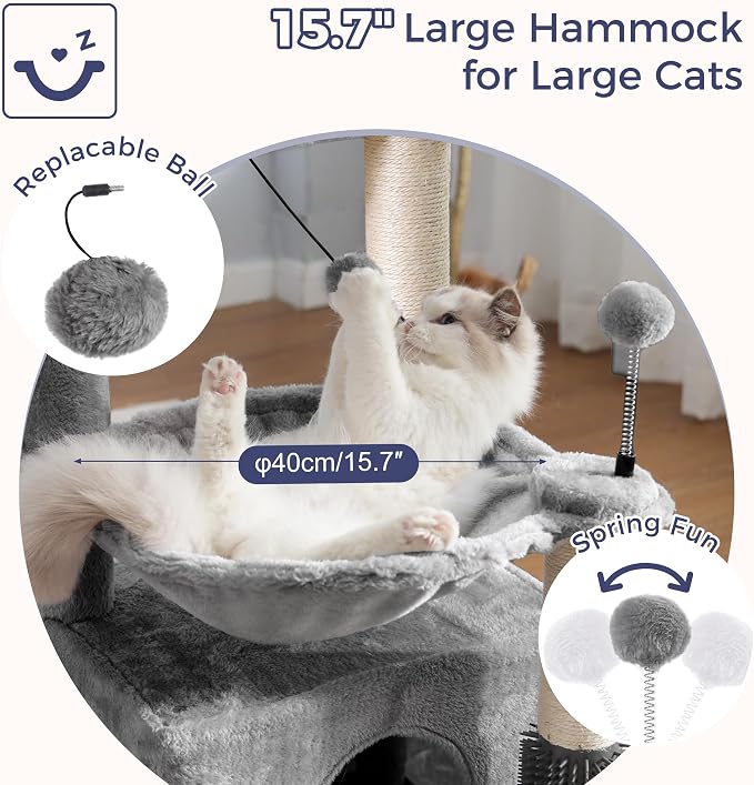 Cat Tree 32” Small Cat Tower with Large Hammock 16”& Self Groomer | Compact Cat Tree with Hammock 16” Dia, Removable Bed, Scratching Post & Self Groomer Small Cat Tree for Indoor & Adult Cats