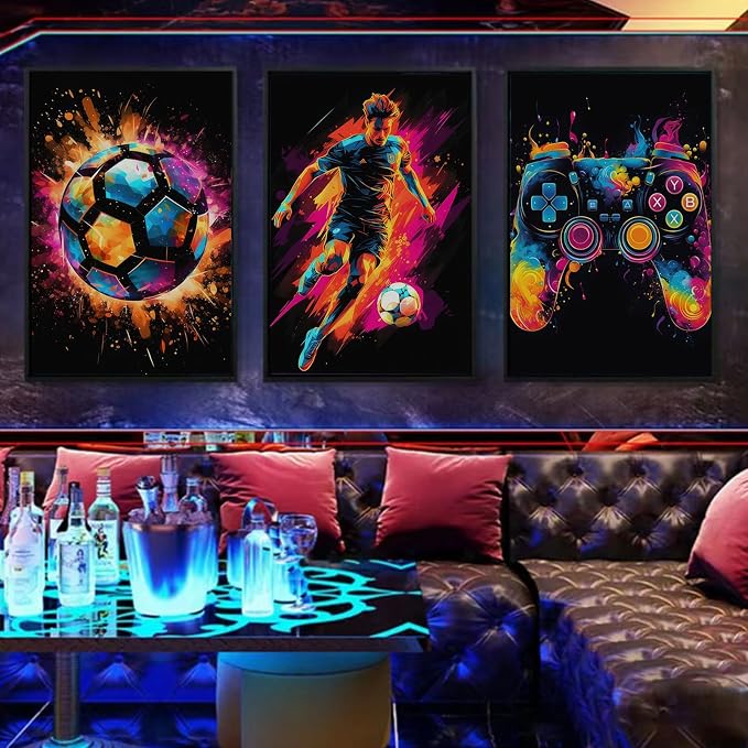 BGFCE Canvas Wall Art Poster Decor, Paintings Art Game Controller Color Splash Ink Canvas Painting, Posters for Room Aesthetic, Soccer Wall Art for Boys Room Decor 12x16 - Unframed Set of 3