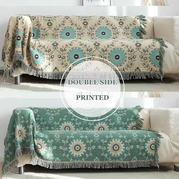 LUTBM Boho Throw Blanket for Bed 60"x80", 100% Cotton Soft Couch Blankets | Reversible Floral Jacquard, All-Season Twin Quilt, For Chair Sofa Living Room, Lightweight & Breathable Gauze, Home Decor
