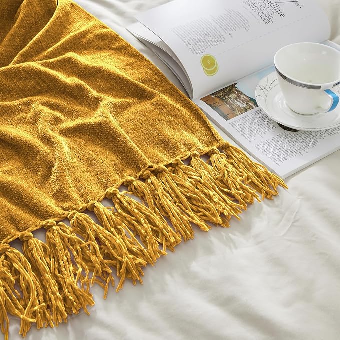 CozeCube Chenille Throw Blanket, Harvest Gold Fringe Blanket, 50"X60" | For Couch, Cozy Plush Fuzzy Decorative Blanket with Fringe Tassels, Lightweight Throws for Bed Sofa Gift Home Decor