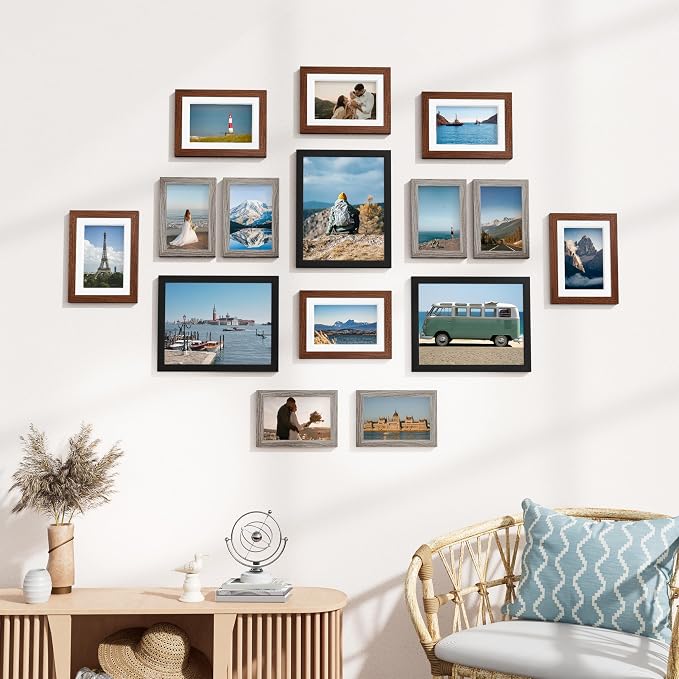 Vittanly 15 Pack Gallery Wall Frame Set, Black, Walnut Brown, Dark Grey | Picture Frames Collage Wall Decor: 3pcs 8x10, 6pcs 5x7, 6pcs 4x6. Picture Frame Set for Wall or Tabletop Display