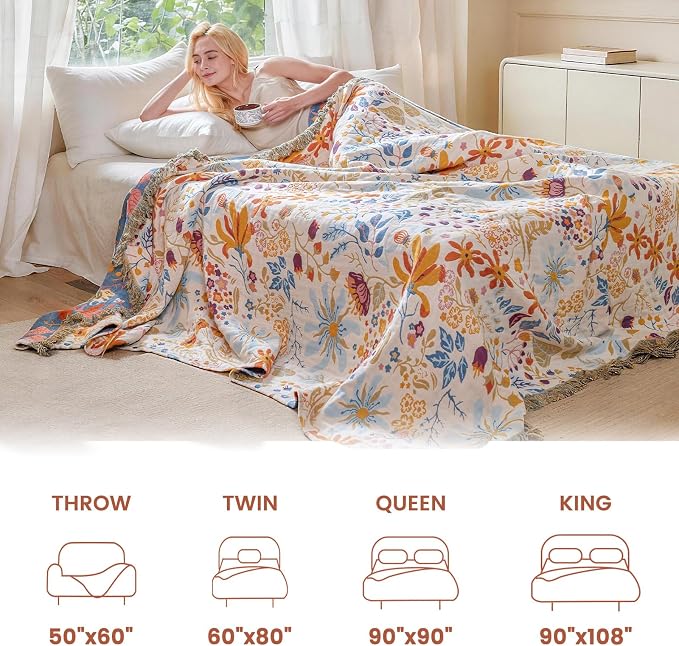 MSGKV Boho Throw Blanket 50"x60" 100% Cotton Floral Blanket Couch Decor | Muslin Blanket, Floral Pattern, Chair Throw, Summer Breathable, Lightweight, Farmhouse Decor, Home Decor, Machine Washable
