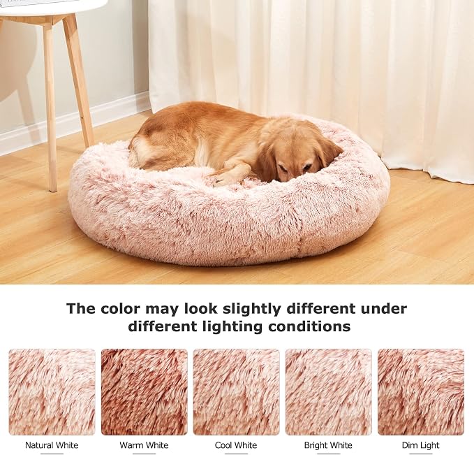 Bedfolks Calming Donut Dog Bed - 36" Round, Fluffy, Anti-Anxiety, Machine Washable Pet Bed (Pink, Large)